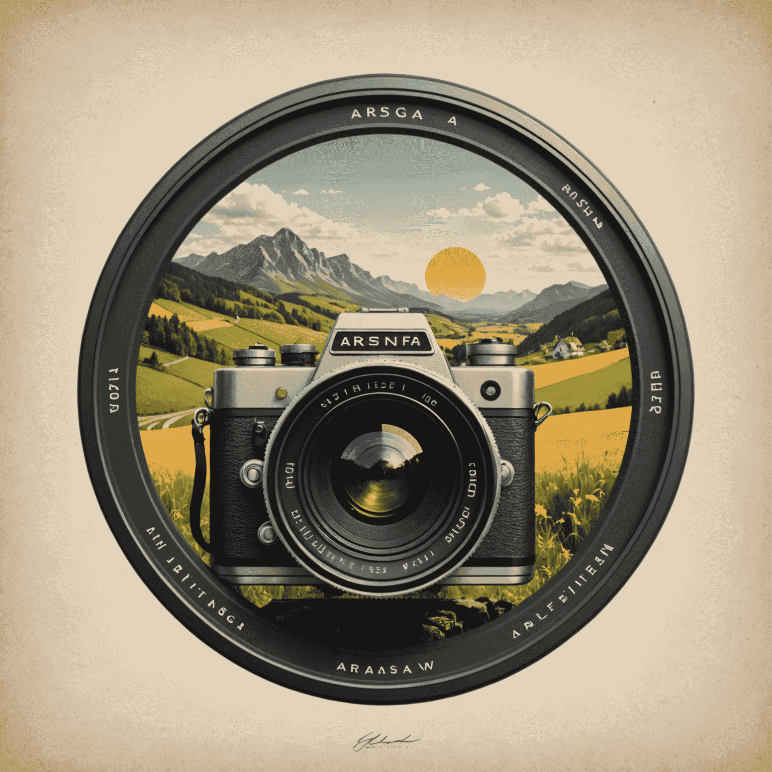 arsniag Logo - Ein stilisiertes Vintage-Kameraobjektiv, das eine deutsche Landschaft einfängt
