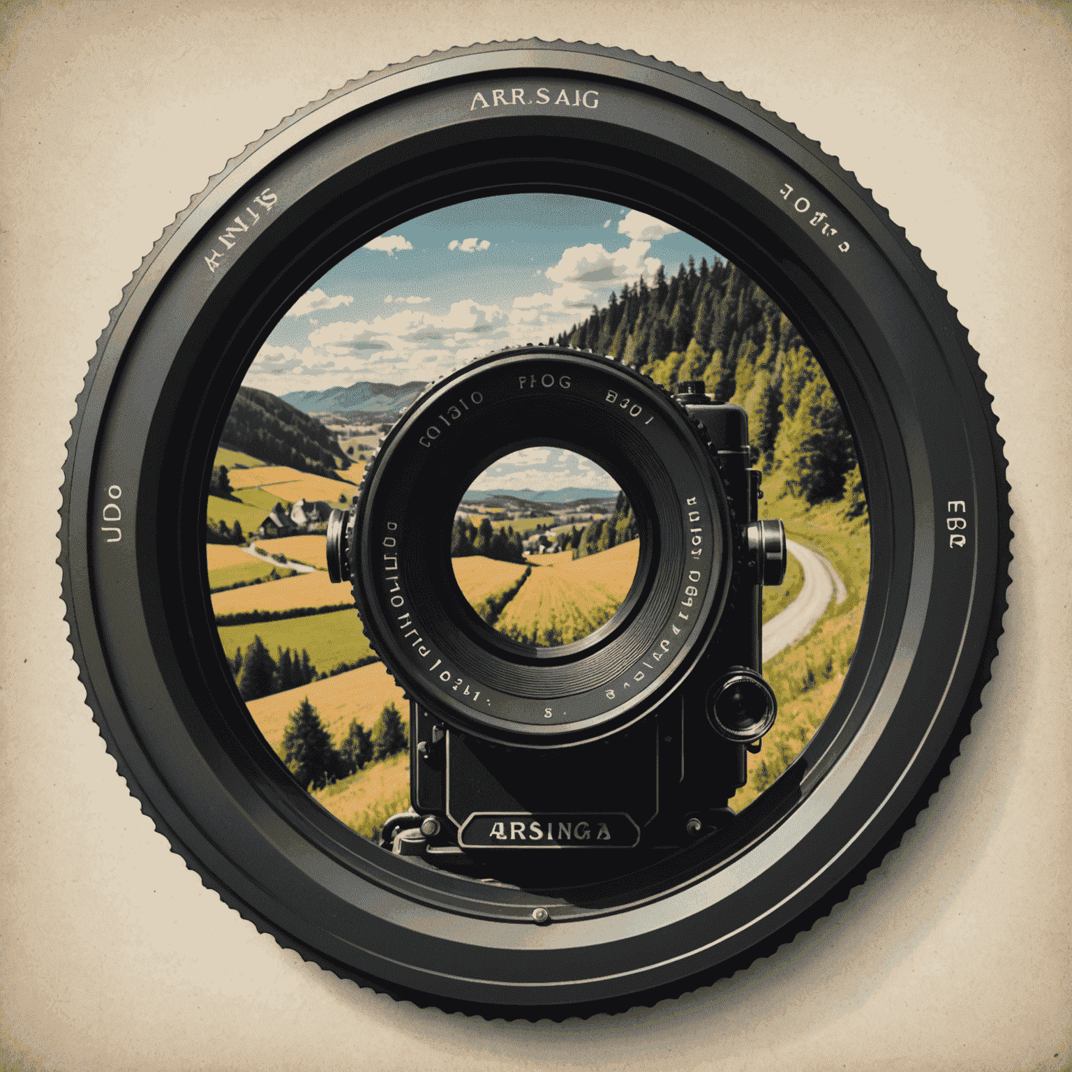 arsniag Logo - Ein stilisiertes Vintage-Kameraobjektiv, das eine deutsche Landschaft einfängt