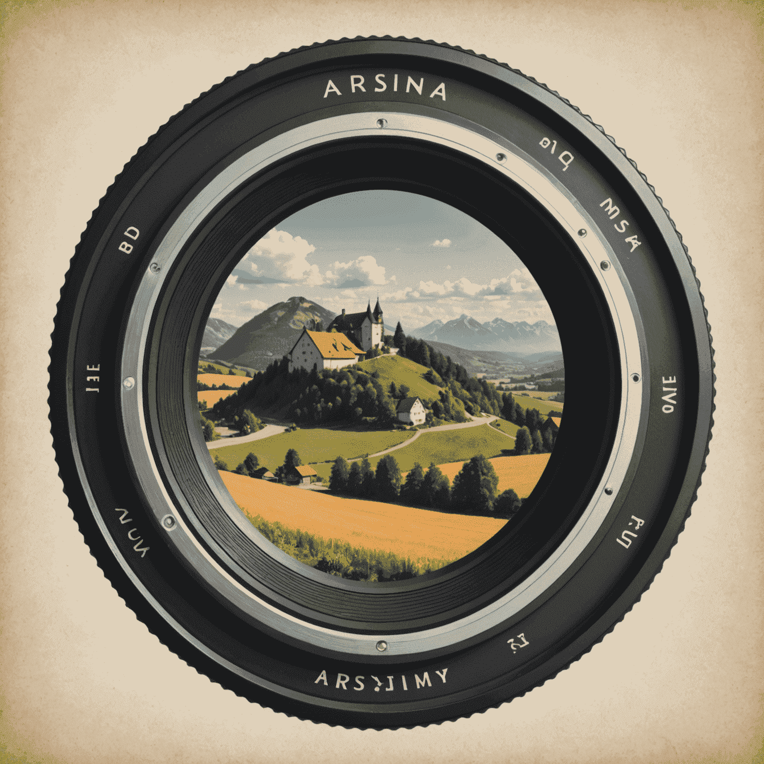 arsniag Logo - Ein stilisiertes Vintage-Kameraobjektiv, das eine deutsche Landschaft einfängt