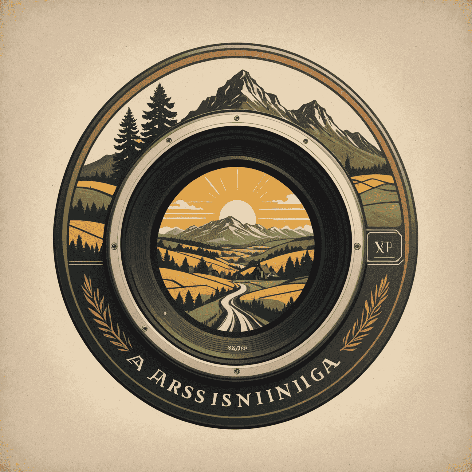 arsniag Logo - Ein stilisiertes Vintage-Kameraobjektiv, das eine deutsche Landschaft einfängt