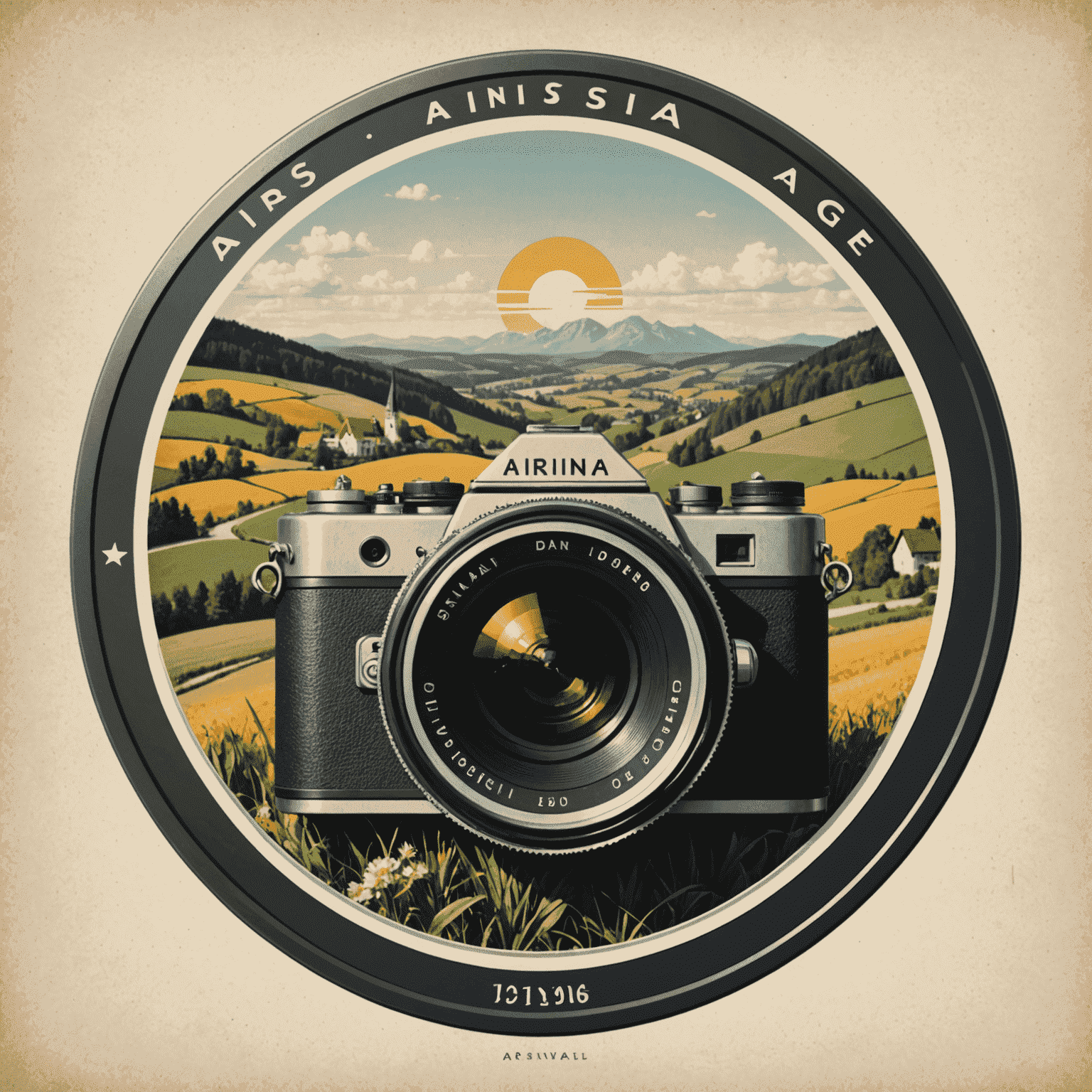 arsniag Logo - Ein stilisiertes Vintage-Kameraobjektiv, das eine deutsche Landschaft einfängt