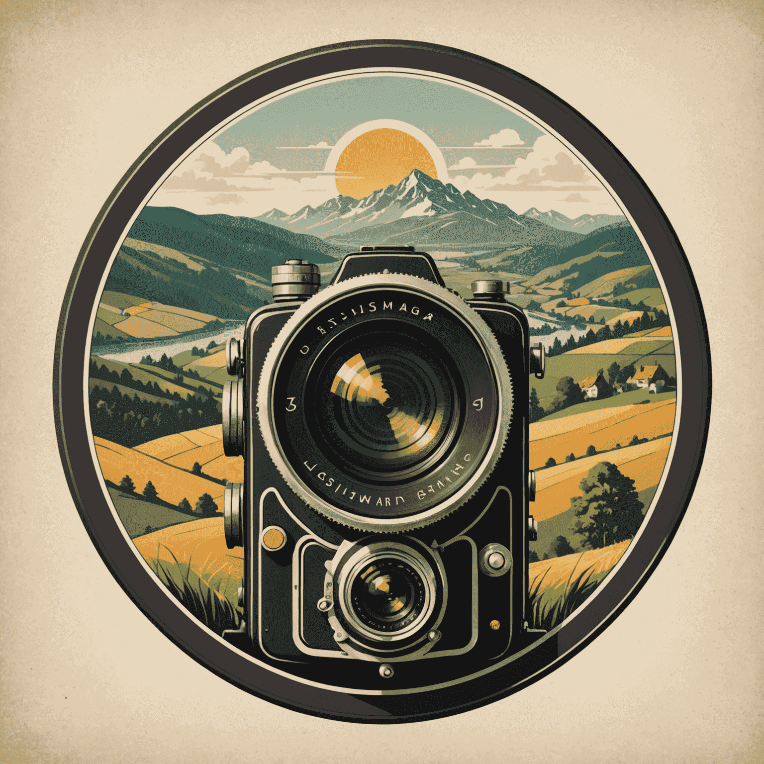 arsniag Logo - Ein stilisiertes Vintage-Kameraobjektiv, das eine deutsche Landschaft einfängt