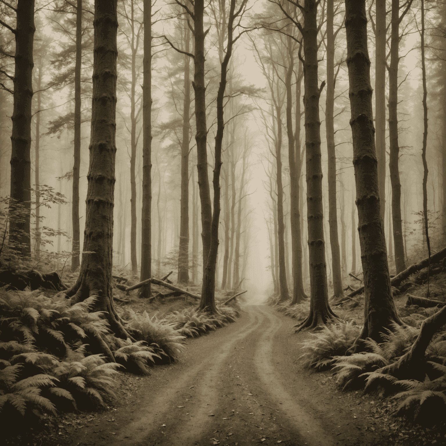 Nebelverhangener deutscher Wald mit alten Bäumen und einem schmalen Pfad, der sich durch das Unterholz schlängelt. Das Bild hat einen leichten Sepia-Ton und weiche, verschwommene Kanten, um einen nostalgischen Look zu erzeugen.