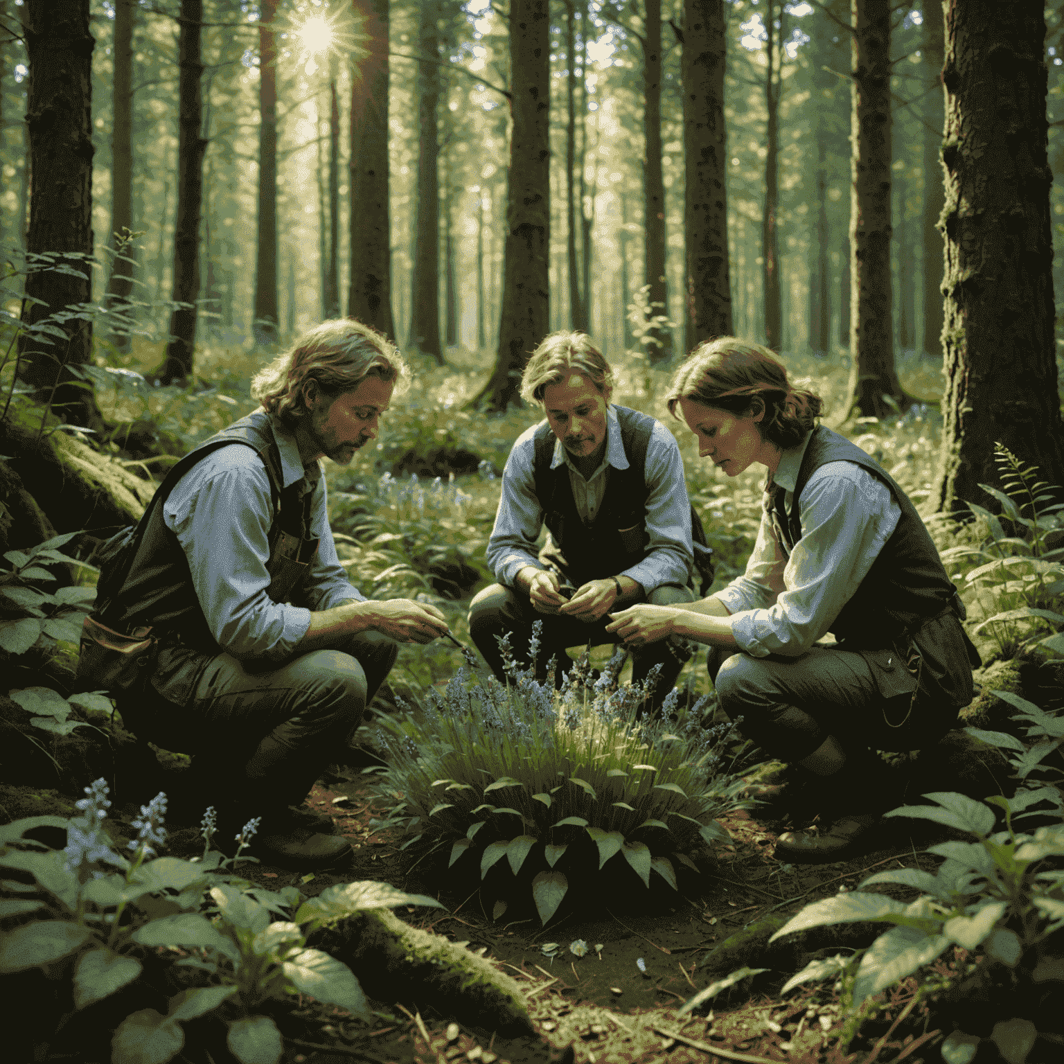 Ein Team von Botanikern untersucht vorsichtig eine zarte, bisher unbekannte Wildblume im dichten Unterholz des Schwarzwaldes. Die Blume hat zarte, lavendelfarbene Blütenblätter mit einem goldenen Zentrum, umgeben von sattgrünem Laub. Sonnenlicht fällt durch die Baumkronen und beleuchtet die Szene in einem ätherischen Glanz.