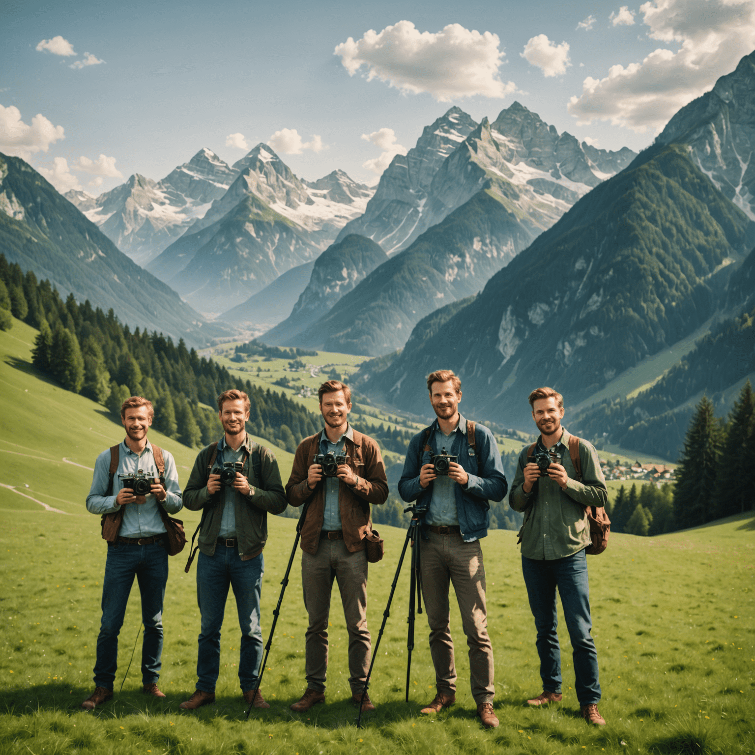 Eine Gruppe von Fotografen mit Vintage-Kameras, die vor dem majestätischen Hintergrund der Bayerischen Alpen stehen. Die Szene strahlt eine nostalgische Atmosphäre aus, mit nebligen Berggipfeln und saftigen grünen Wiesen im Vordergrund.