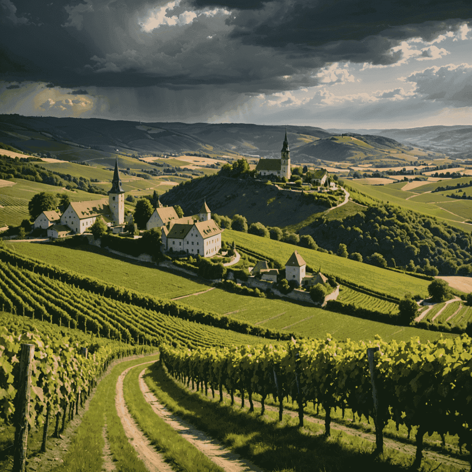 Malerische deutsche Weinberge mit alten Reben, die sich über sanfte Hügel erstrecken, während dunkle Wolken am Horizont aufziehen, was die Bedrohung durch den Klimawandel symbolisiert