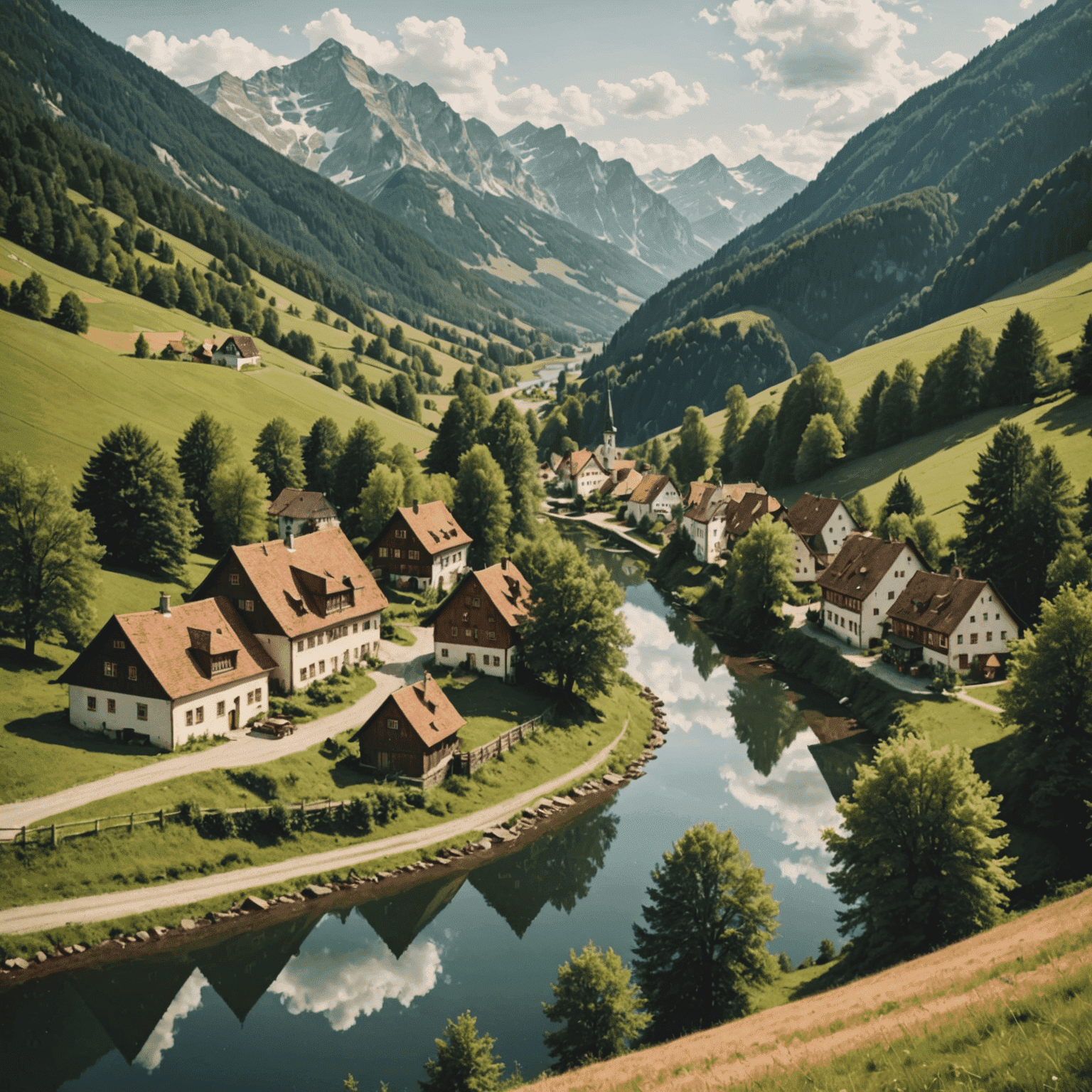 Eine verträumte Collage deutscher Landschaften, die Wälder, Seen und ländliche Dörfer in einem vintage-inspirierten Stil zeigt