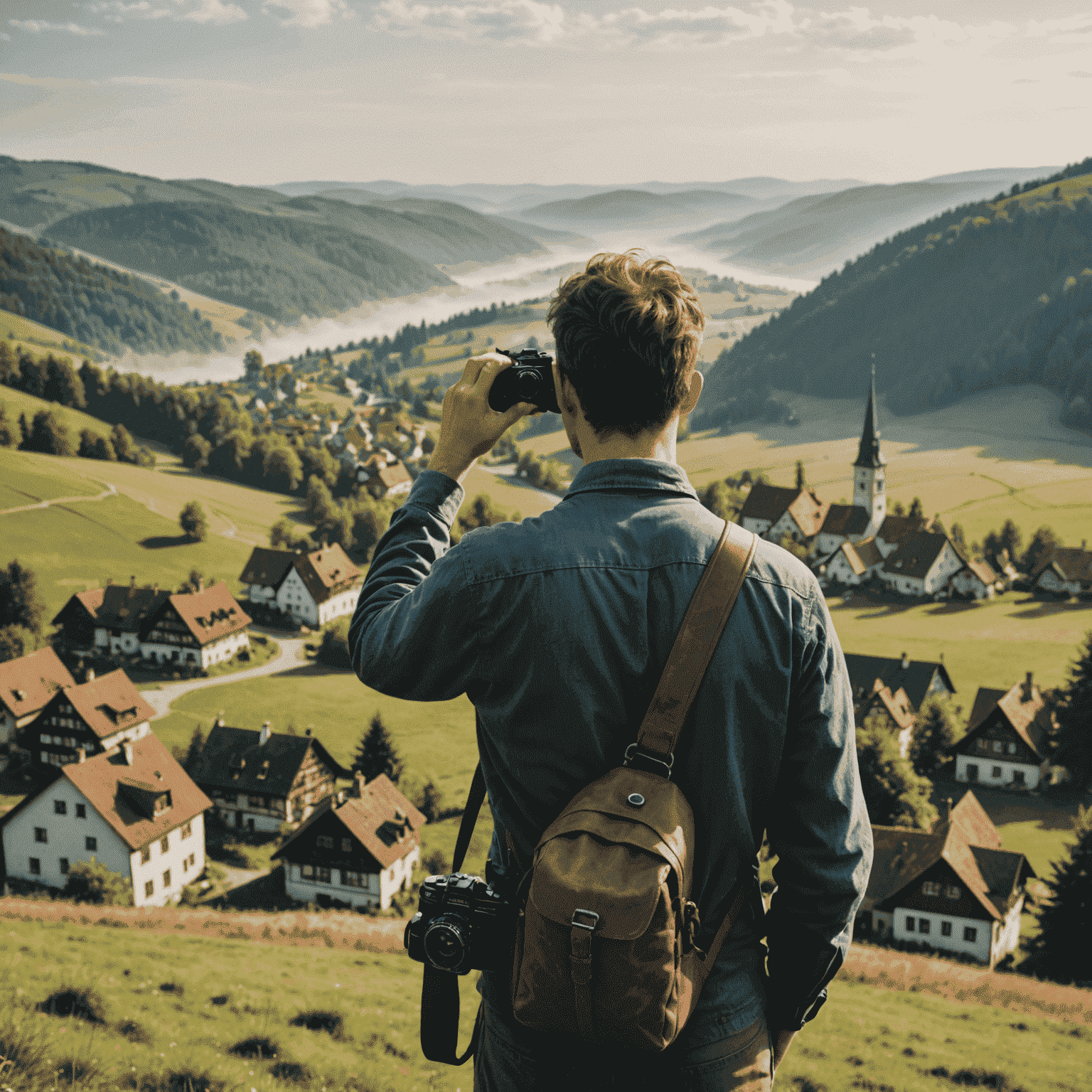 Ein Fotograf, der eine Vintage-Kamera hält und auf eine malerische deutsche Landschaft mit sanften Hügeln, einem verschlafenen Dorf und einem nebligen Wald im Hintergrund blickt