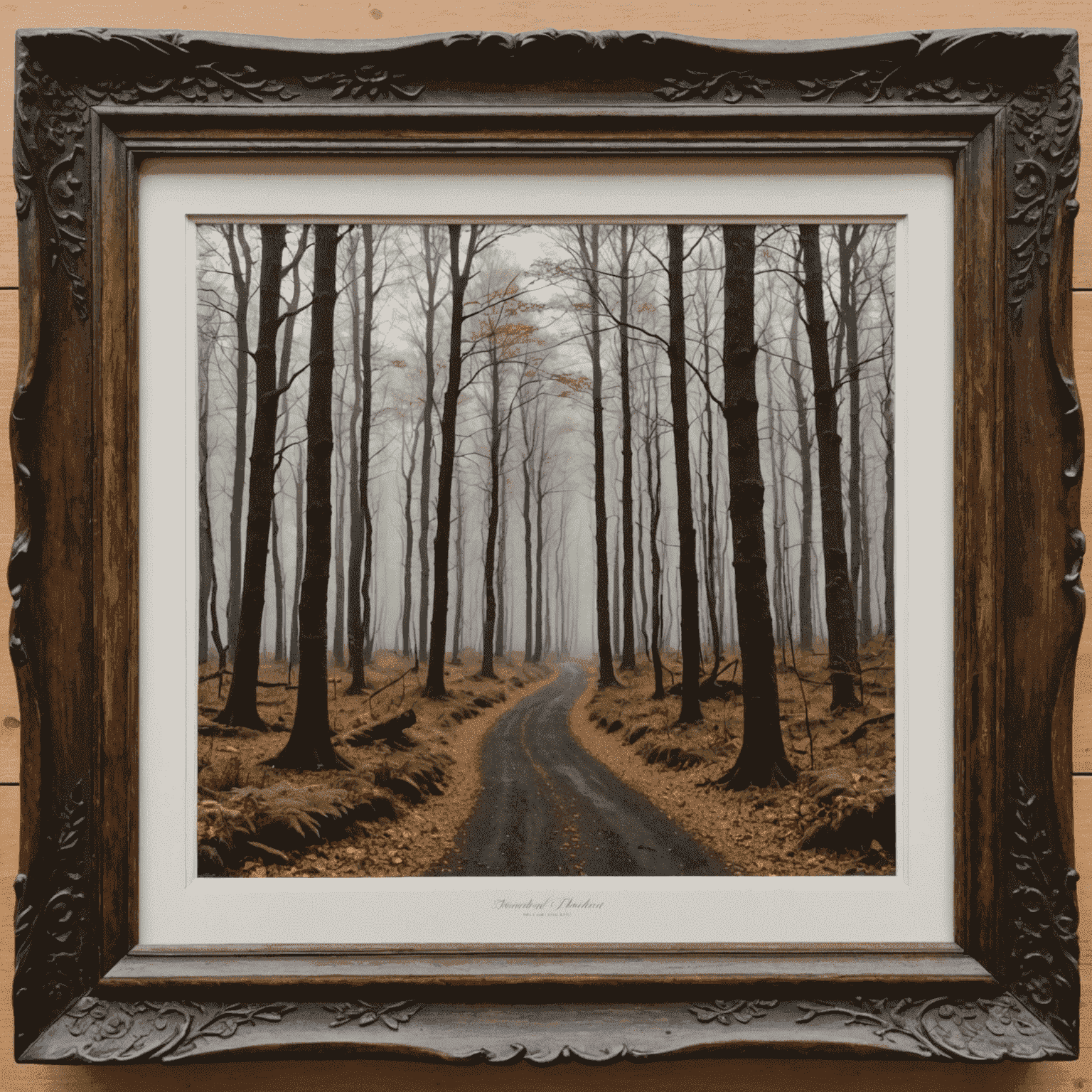 Ein kunstvoll gerahmtes Vintage-Naturfoto, das einen nebligen deutschen Wald im Herbst zeigt. Der Rahmen ist aus dunklem Holz mit filigranen Schnitzereien, die Blätter und Zweige darstellen.
