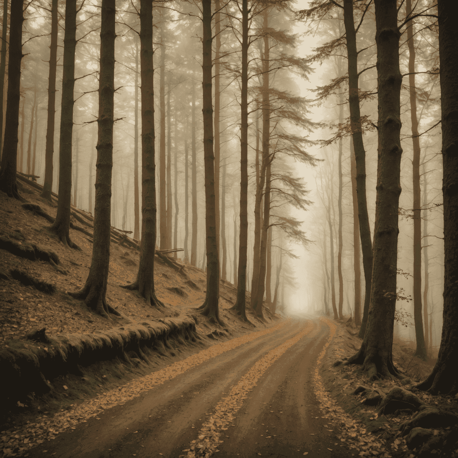 Eine atmosphärische Landschaft des deutschen Schwarzwaldes im Herbst, mit nebelverhangenen Bäumen und einem schmalen Pfad, der sich durch goldenes Laub schlängelt. Die Fotografie hat einen leichten Sepia-Ton und weiche Kanten, um einen nostalgischen, vintage Look zu erzeugen.