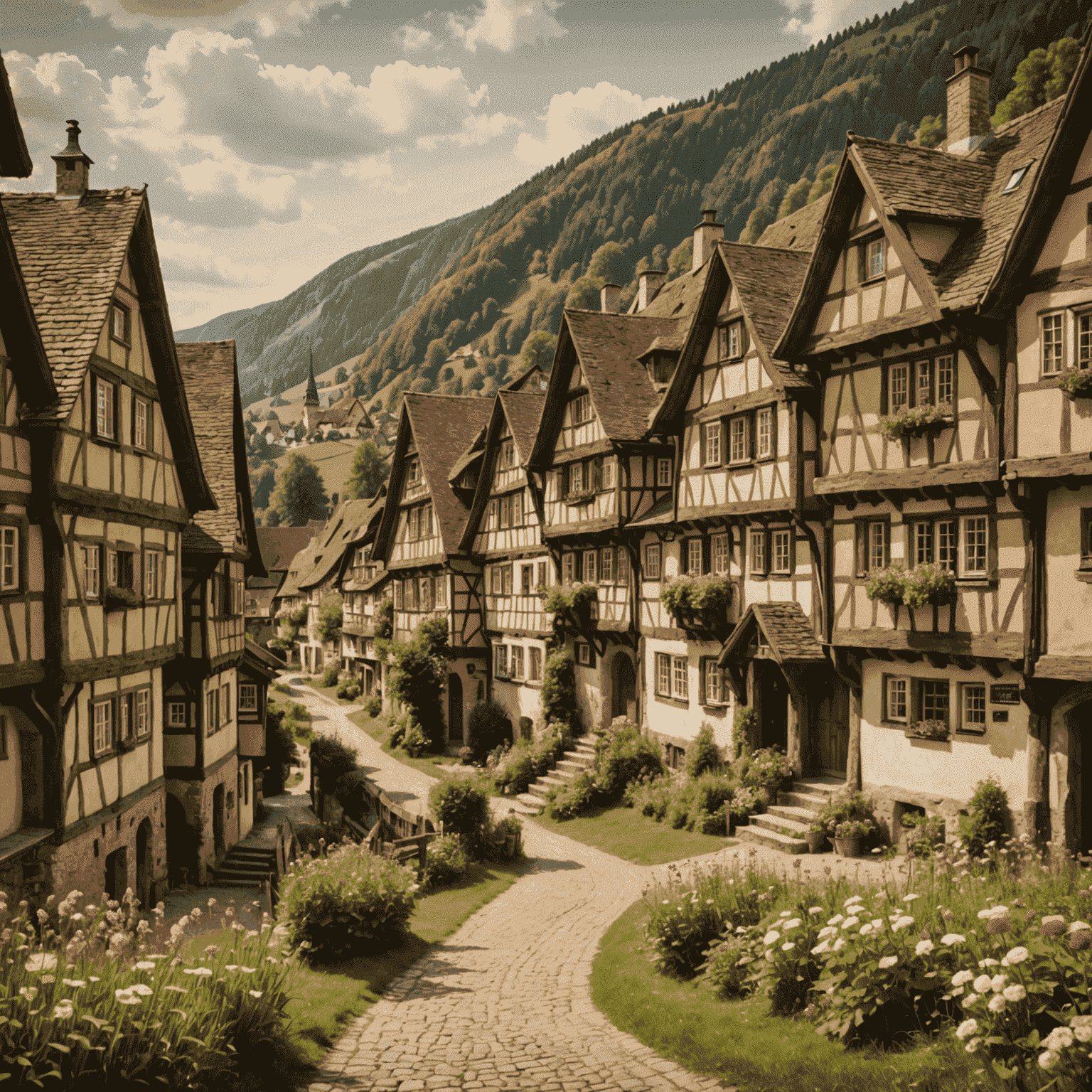 Malerisches deutsches Dorf mit Fachwerkhäusern, umgeben von sanften Hügeln und blühenden Wiesen. Das Bild hat einen leichten Sepia-Effekt und weiche Kanten, um einen vintage Look zu erzeugen.