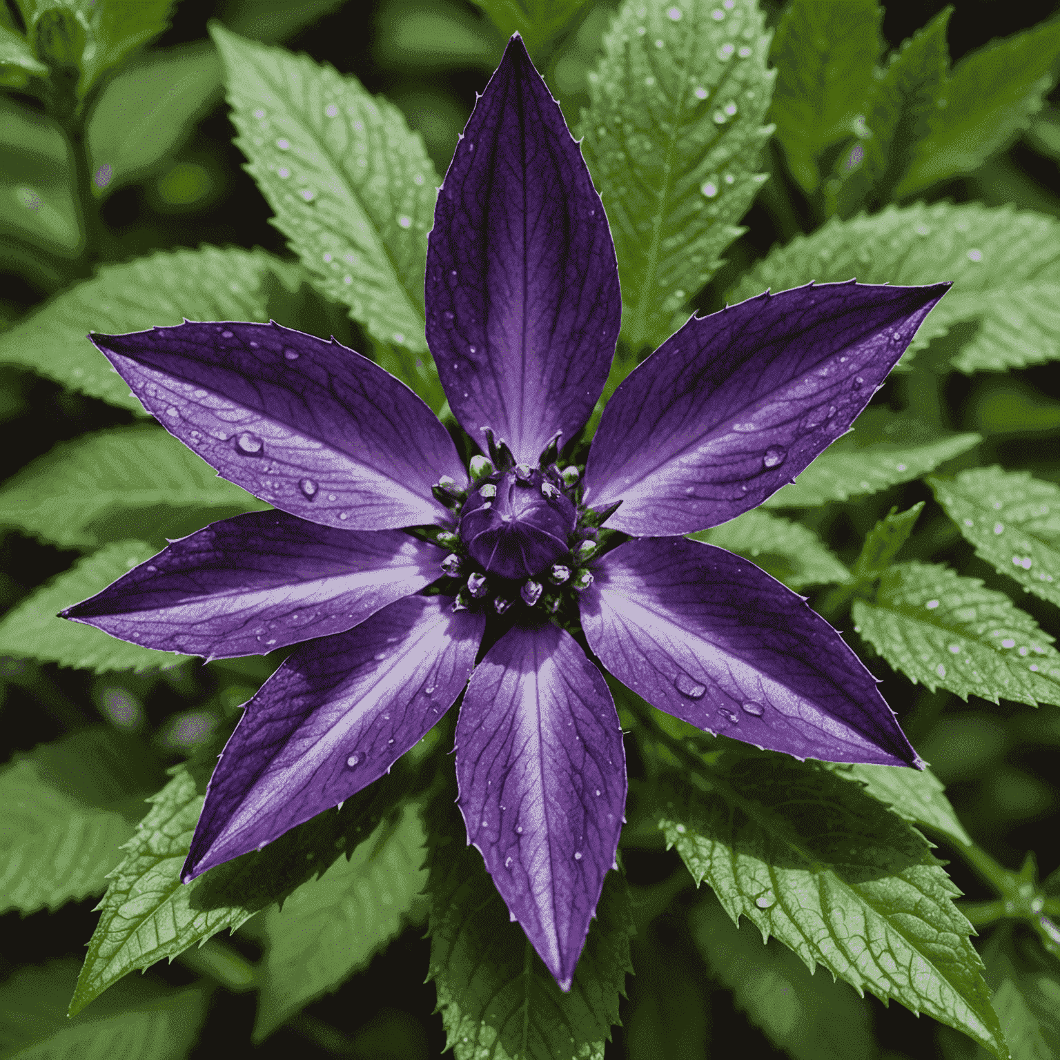 Nahaufnahme der neu entdeckten 'Schwarzwald-Sternblüte'. Die zarten, lavendelfarbenen Blütenblätter sind in einer perfekten Sternform angeordnet, umgeben von smaragdgrünen Blättern mit silbrigen Adern. Ein Tautropfen glitzert auf einem der Blütenblätter und fängt das weiche Waldlicht ein.
