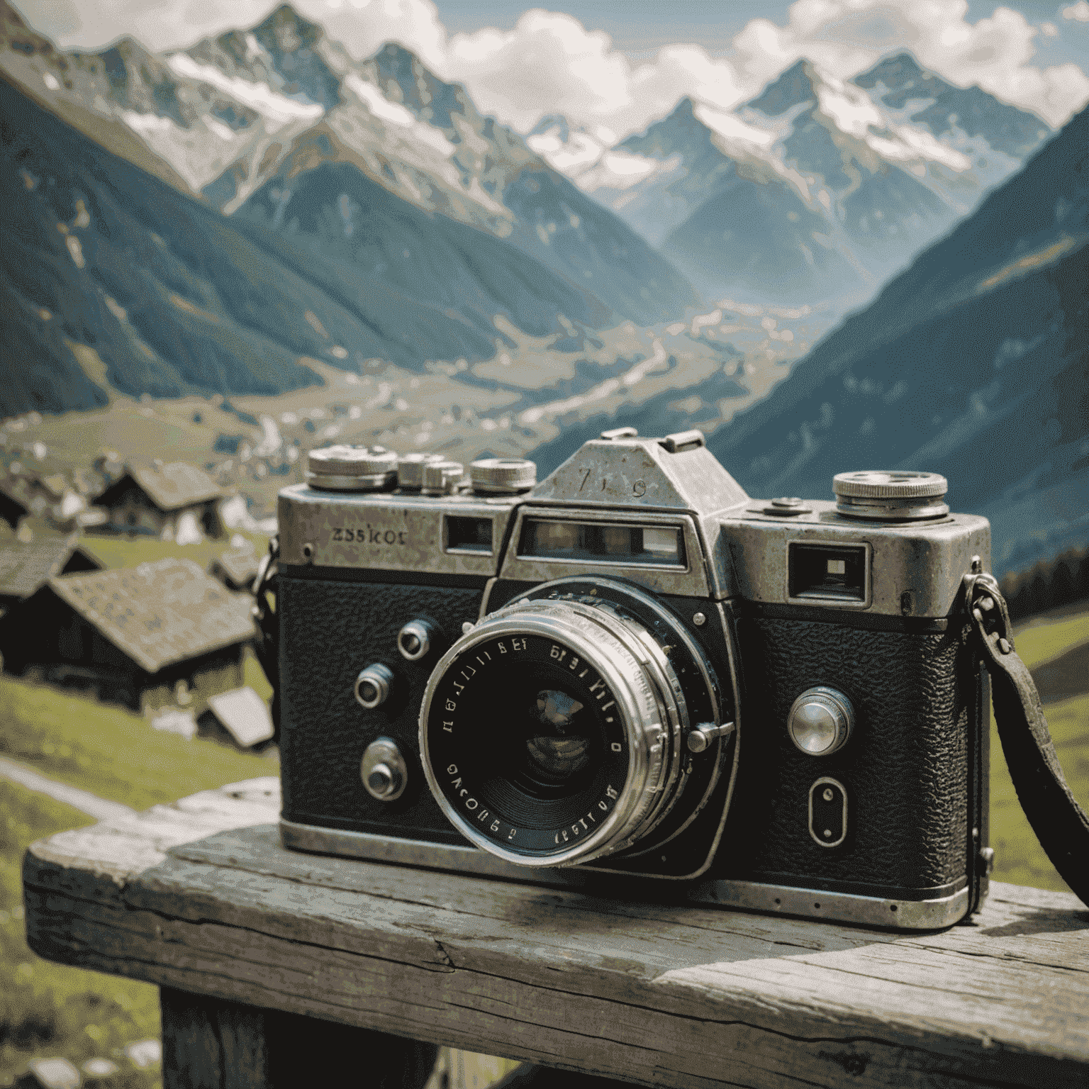 Nahaufnahme einer Vintage-Kamera mit verschwommenem Hintergrund der Alpen. Die Kamera zeigt feine Details und Patina, die ihre Geschichte erzählen.