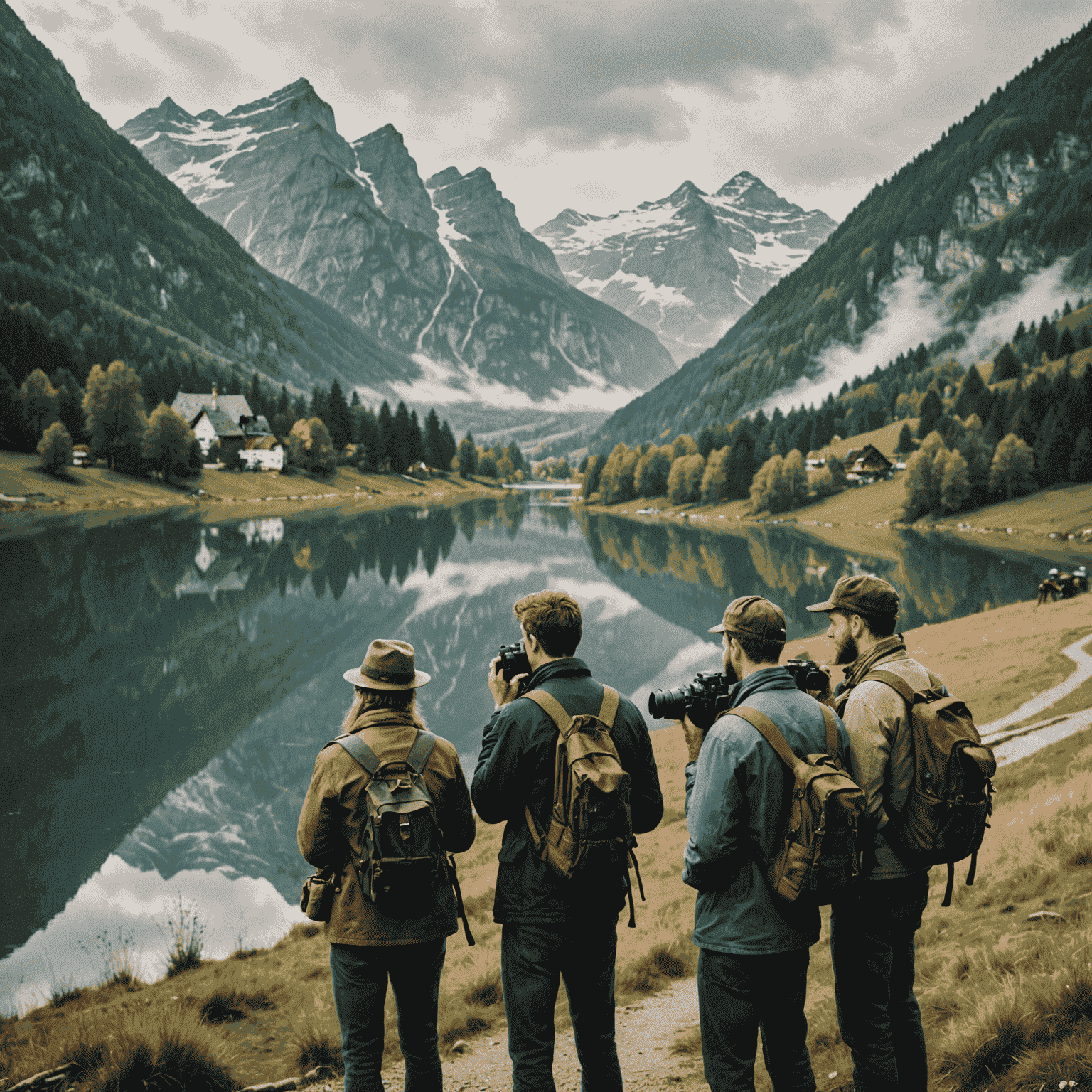 Eine Gruppe von Fotografen mit Vintage-Kameras, die eine malerische deutsche Landschaft mit nebligen Bergen und einem ruhigen See fotografieren