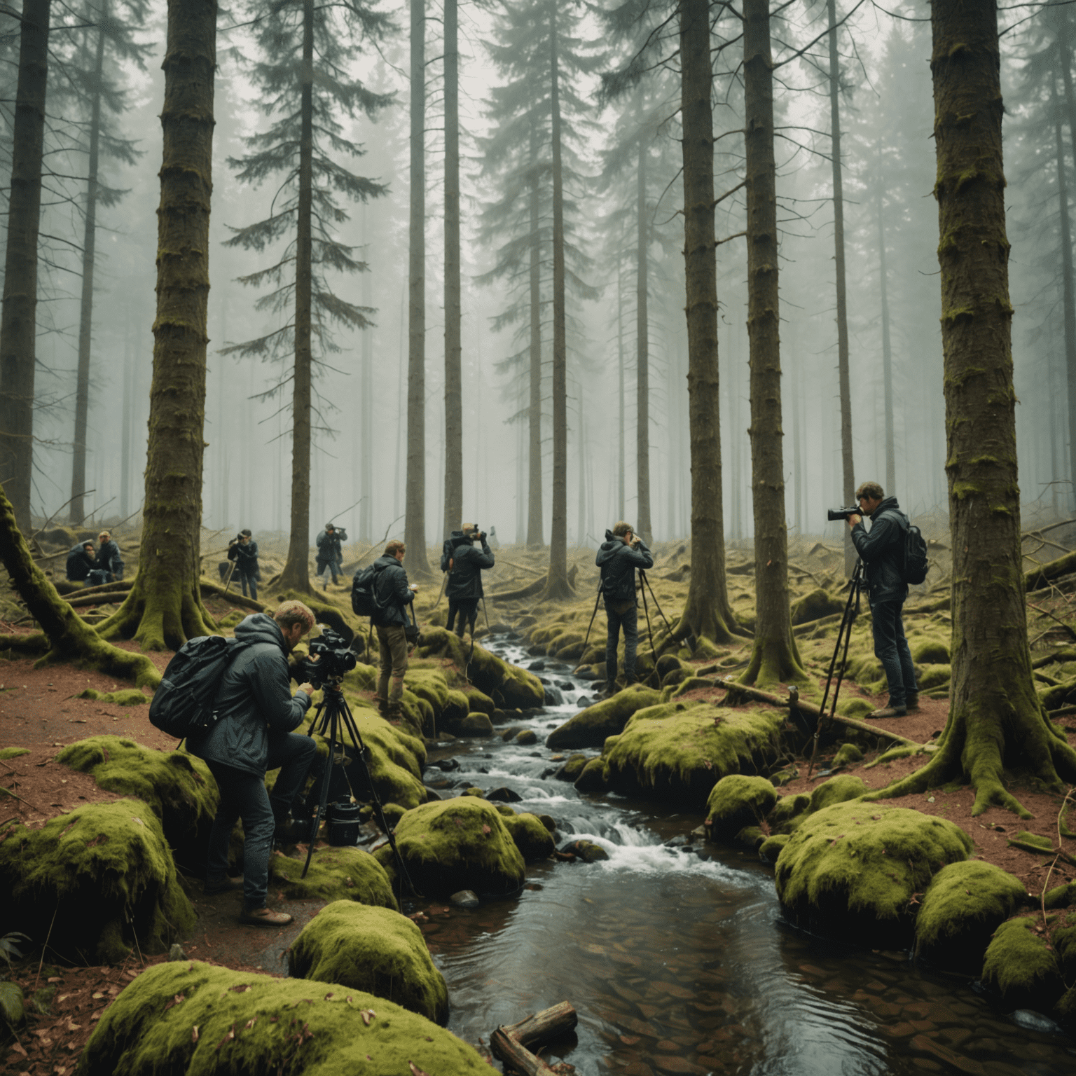 Eine Gruppe von Fotografen, die mit Vintage-Kameras eine neblige deutsche Waldlandschaft fotografieren, mit einem kleinen Bach und alten Bäumen im Vordergrund