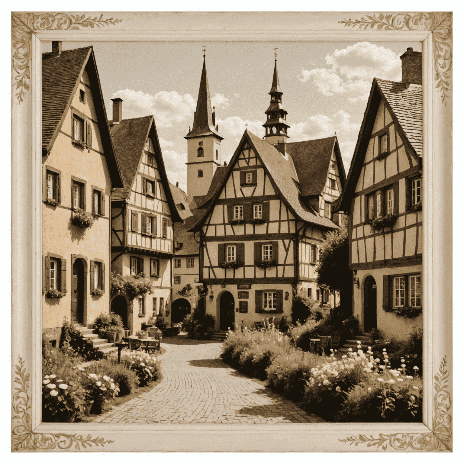 Ein in Sepia getöntes Foto eines malerischen deutschen Dorfes, umrahmt von einem vintage-inspirierten, cremeweißen Rahmen mit zarten Blumenmotiven.