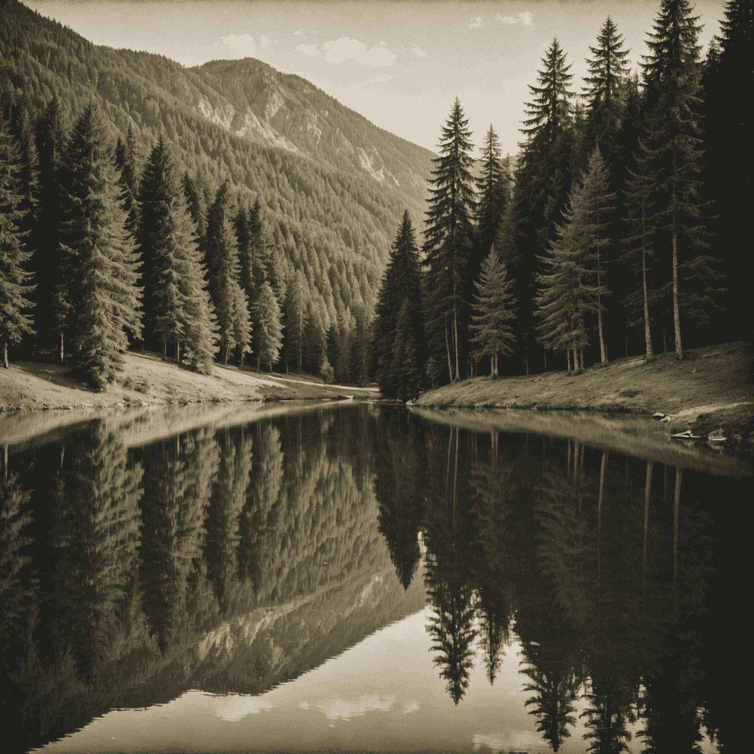 Ein restauriertes Foto eines friedlichen Sees in Bayern, umgeben von sanften Hügeln und Tannen. Das Bild hat eine leichte Sepia-Tönung und zeigt feine Details der Wasserspiegelung.