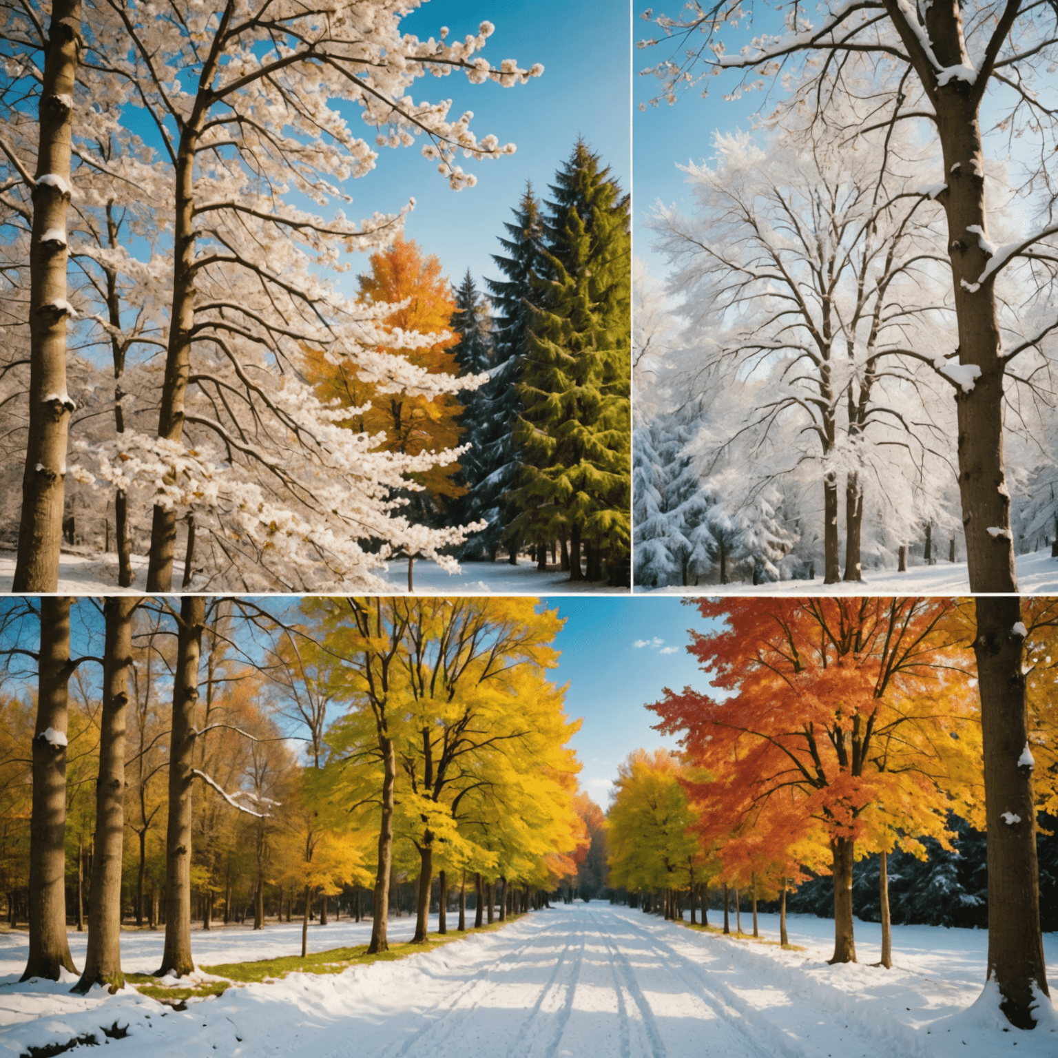 Eine Collage von vier Bildern, die die deutschen Jahreszeiten repräsentieren: Ein blühender Kirschbaum im Frühling, ein sonnendurchfluteter Wald im Sommer, ein farbenprächtiger Herbstwald und eine verschneite Winterlandschaft. Alle Bilder haben einen leichten Vintage-Filter und weiche Kanten.
