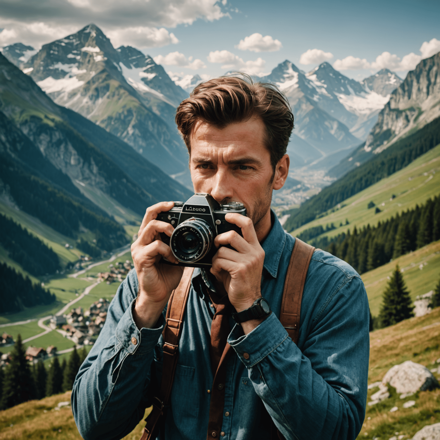 Ein Fotograf, der durch den Sucher einer Vintage-Kamera blickt, mit einem dramatischen Alpenpanorama im Hintergrund. Das Bild vermittelt die Konzentration und Leidenschaft des Fotografen.