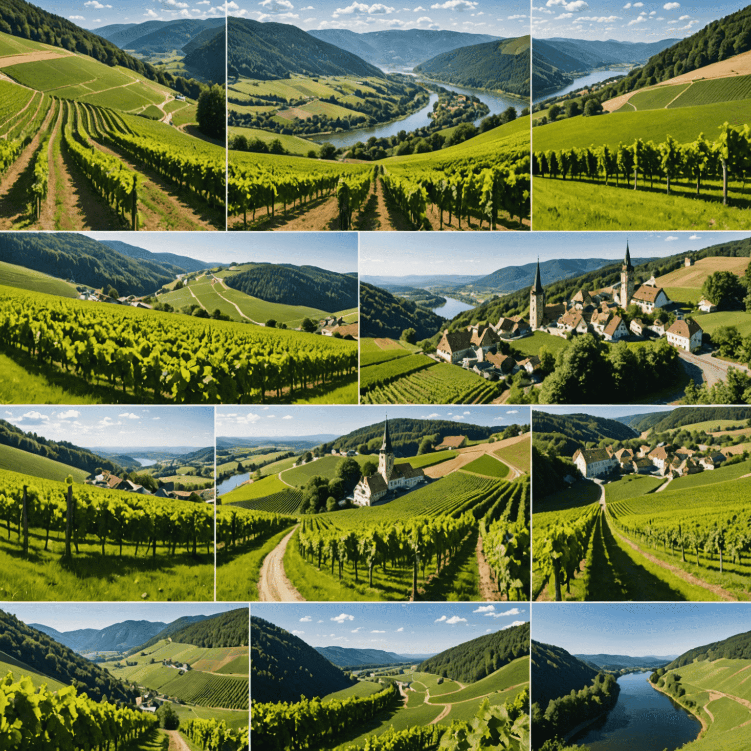 Eine Collage, die die Vielfalt deutscher Weinregionen zeigt: von sonnendurchfluteten Steillagen bis zu nebelverhangenen Flusstälern, die die Komplexität der Klimaanpassung verdeutlichen