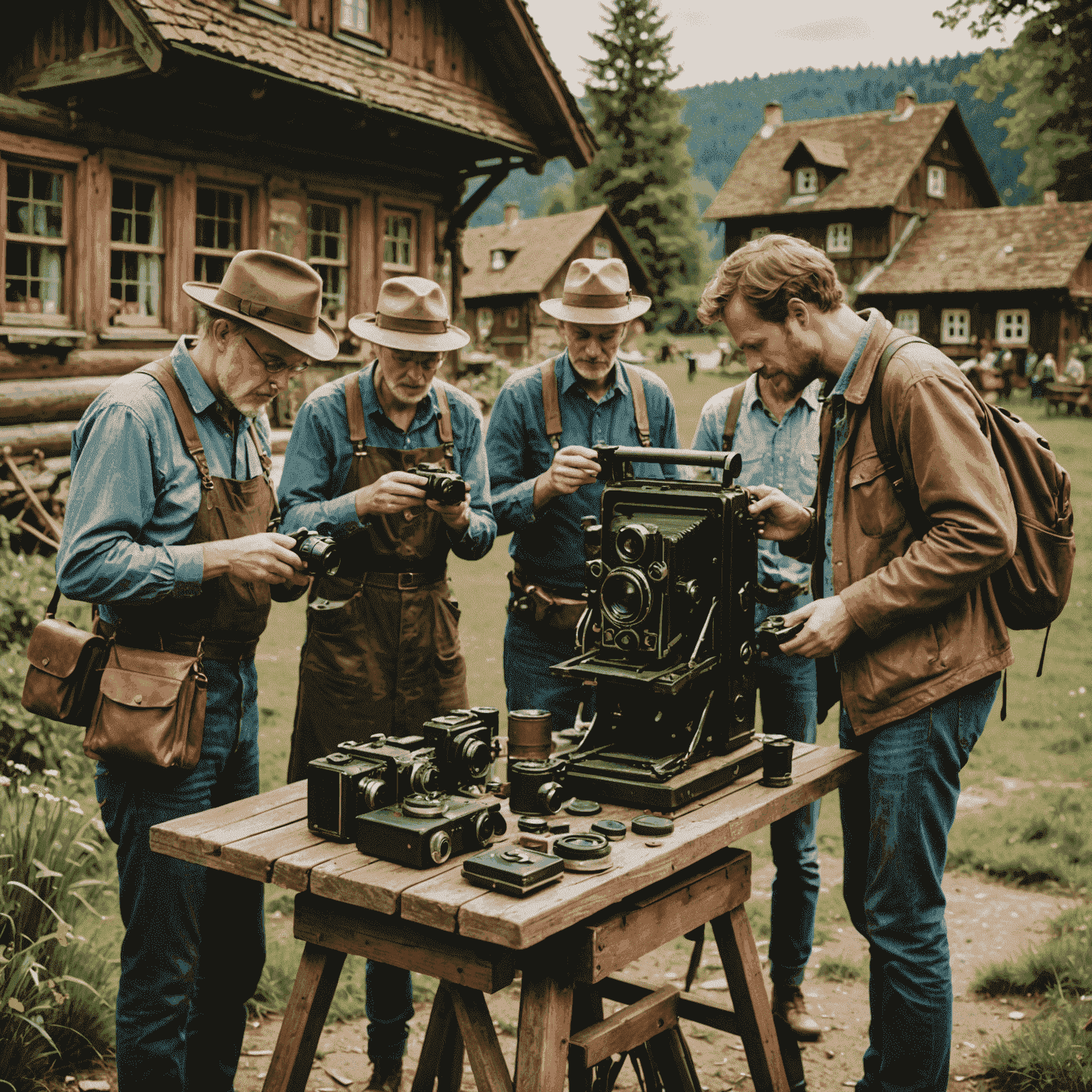 Ein Vintage-Kamera-Workshop in einem rustikalen deutschen Dorf, mit Teilnehmern, die alte Kameras bedienen und die umliegende Natur fotografieren