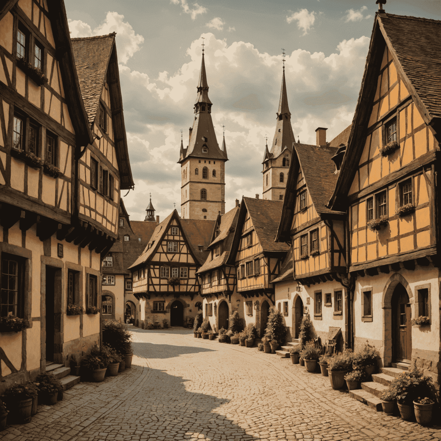 Ein restauriertes Foto eines malerischen deutschen Dorfes mit Fachwerkhäusern und einer alten Kirche. Das Bild hat warme, nostalgische Farbtöne und zeigt feine Details der Architektur.