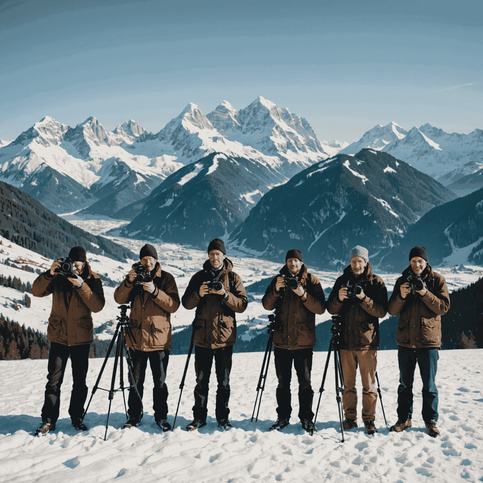 Eine Gruppe von Fotografen mit alten Kameras, die vor der majestätischen Kulisse der schneebedeckten Bayerischen Alpen stehen.