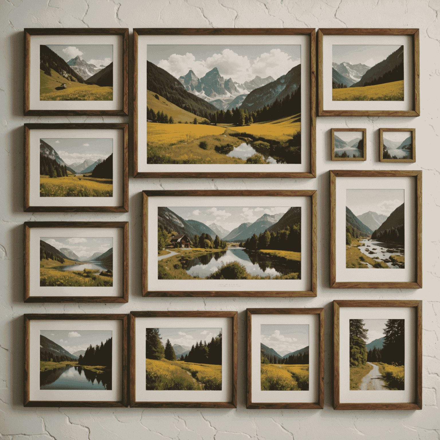 Eine Auswahl von kunstvoll gerahmten Vintage-Naturfotos aus Deutschland, die an einer Wand hängen und den nostalgischen Charme betonen