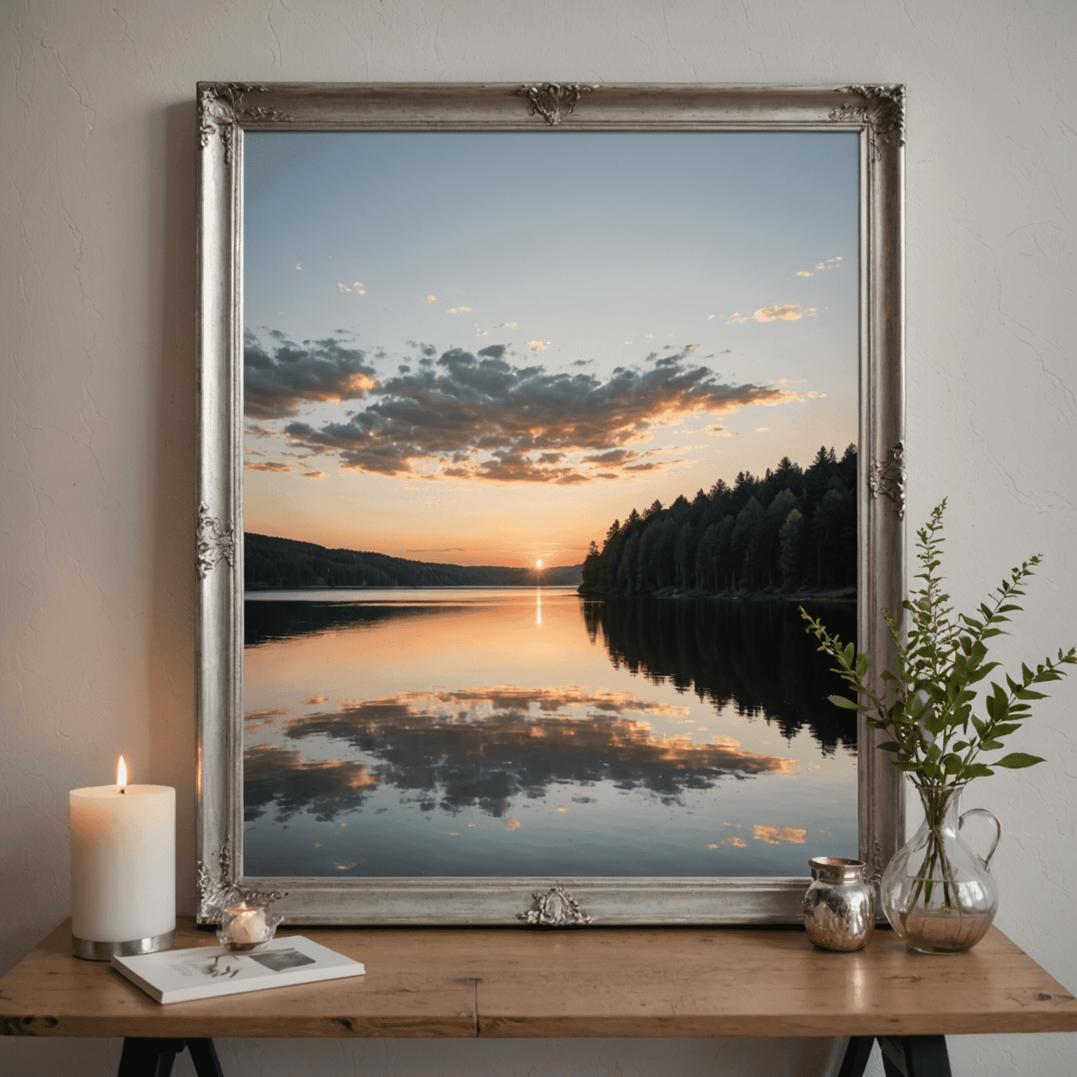 Ein sanft koloriertes Foto eines ruhigen deutschen Sees bei Sonnenuntergang, umrahmt von einem silbernen Rahmen mit wellenförmigen Verzierungen.