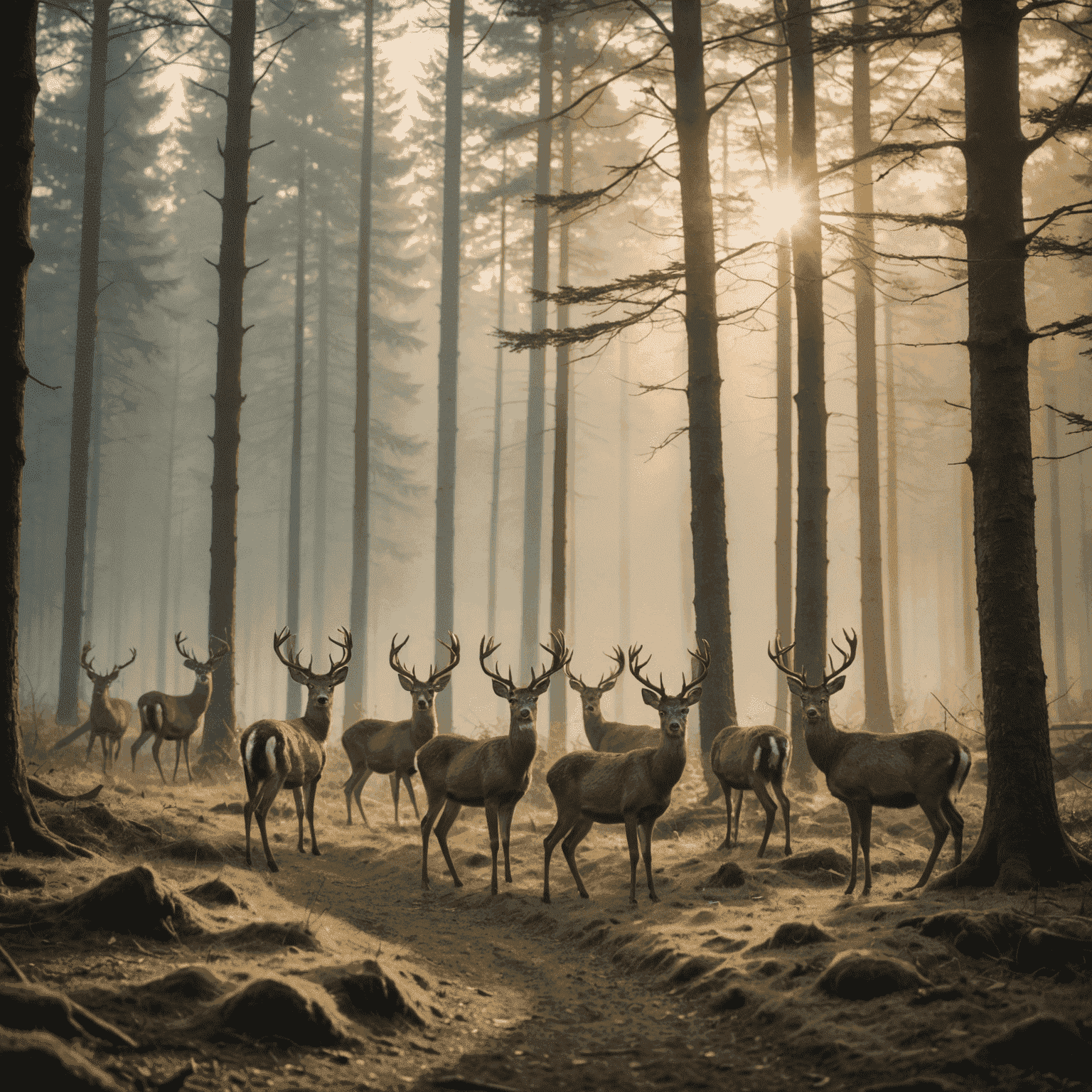 Ein restauriertes Foto einer Gruppe von Rehen in einem nebligen deutschen Wald bei Sonnenaufgang. Das Bild hat eine leichte Körnigkeit und weiche Konturen, die eine traumhafte Atmosphäre erzeugen.