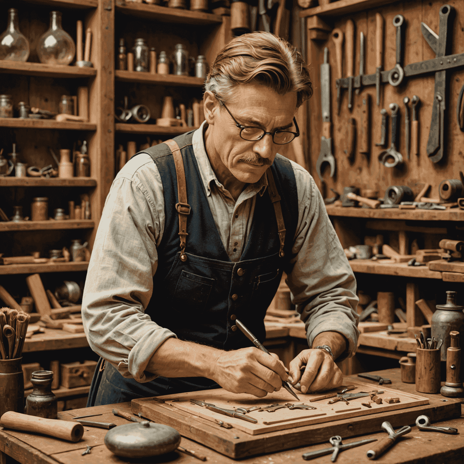 Ein Kunsthandwerker in traditioneller deutscher Tracht arbeitet sorgfältig an einem kunstvollen Holzrahmen in einer gemütlichen Werkstatt, umgeben von Vintage-Werkzeugen und Naturmaterialien.